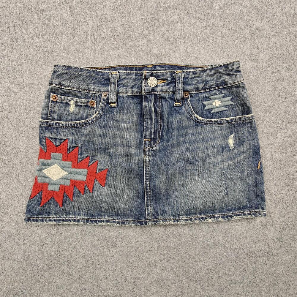 Ralph Lauren Skirt Juniors 7 Blue Denim Mini Embroidered Pockets Casual